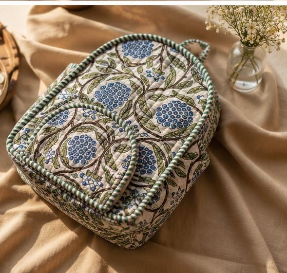 Hand Block Printed Quilted Cotton Backpack, Boho Floral Travel Daypack, Lightweight Everyday Bag