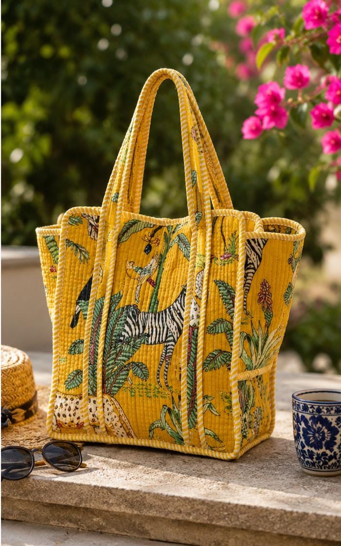 Quilted Cotton Tote Bag | Artisan Block Print Shopper, Eco Friendly Everyday Bag