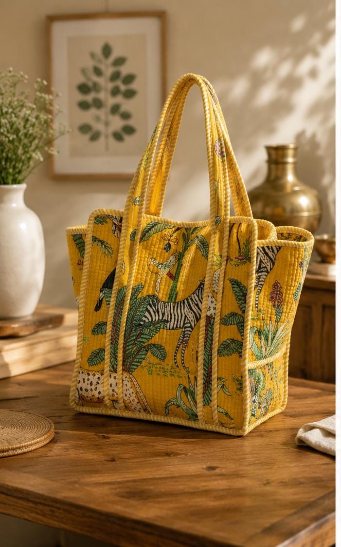 Quilted Cotton Tote Bag | Artisan Block Print Shopper, Eco Friendly Everyday Bag