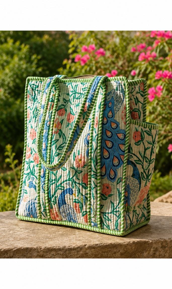 Quilted Cotton Tote Bag | Artisan Block Print Shopper, Eco Friendly Everyday Bag