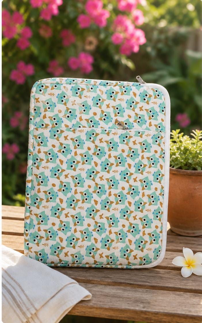 Quilted Block Print Laptop Sleeve | Bohemian Cotton iPad Bag (15x11 inches)