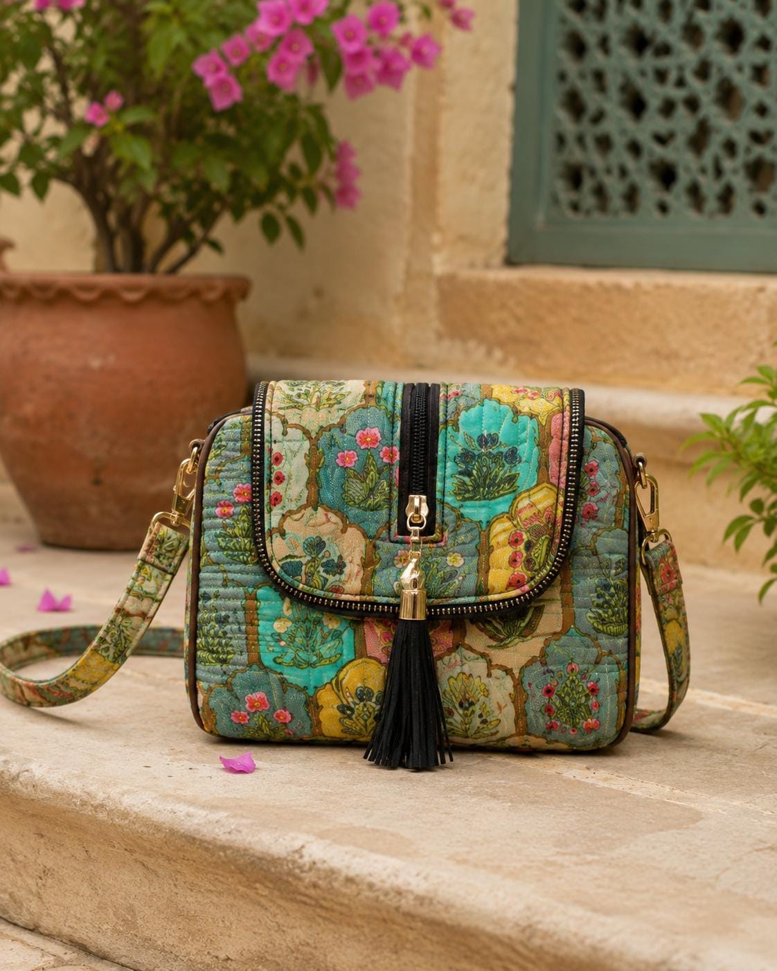 Quilted Dinosaur Print Cotton Sling Bag | Boho Crossbody Travel Purse
