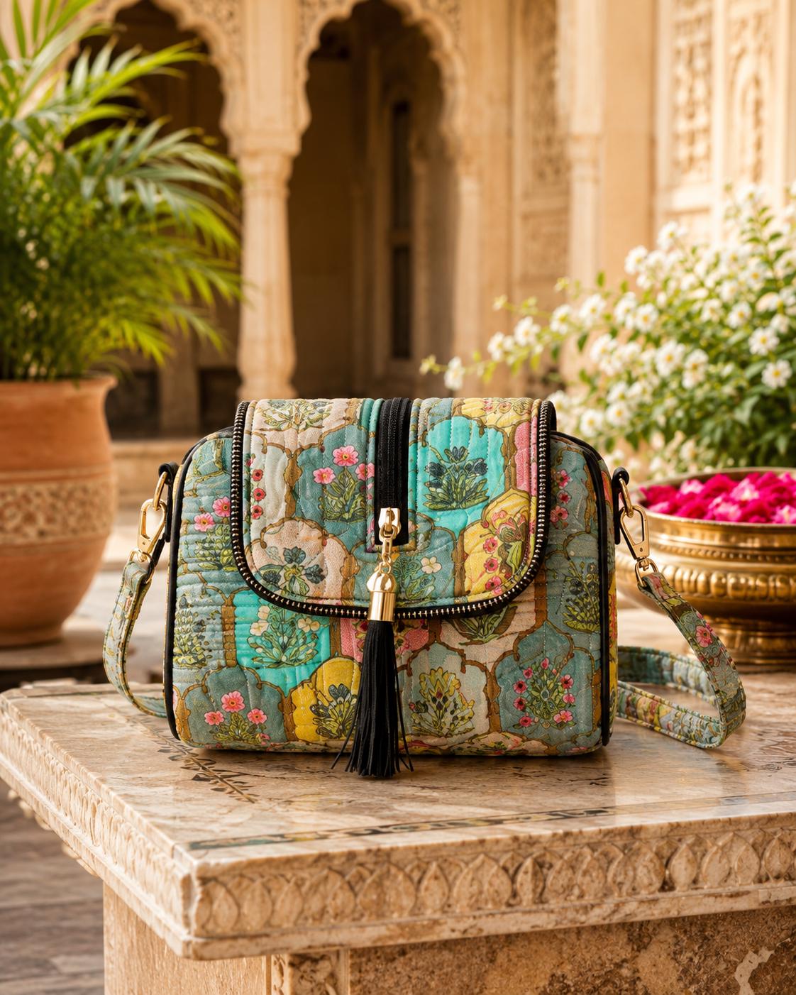 Quilted Dinosaur Print Cotton Sling Bag | Boho Crossbody Travel Purse
