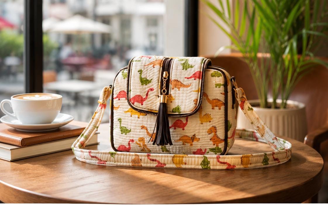 Quilted Dinosaur Print Cotton Sling Bag | Boho Crossbody Travel Purse