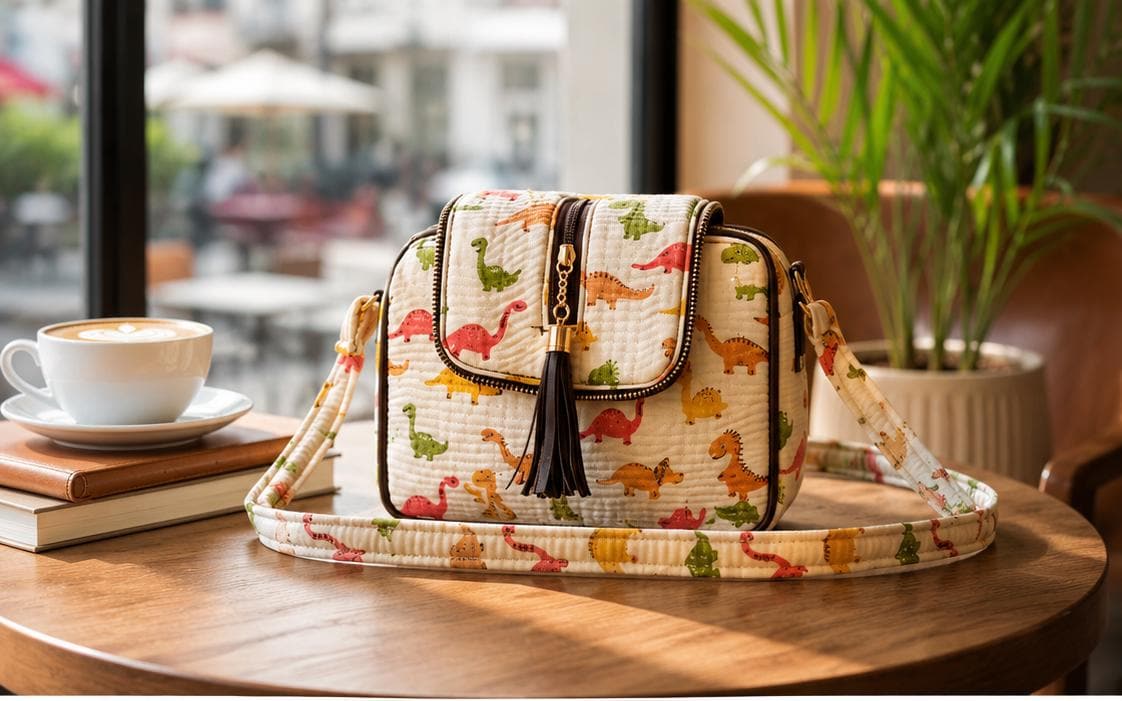 Quilted Dinosaur Print Cotton Sling Bag | Boho Crossbody Travel Purse