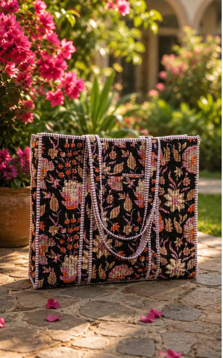 Quilted Cotton Tote Bag | Hand Block Print Shopper, Multicolor, 18x18 inches