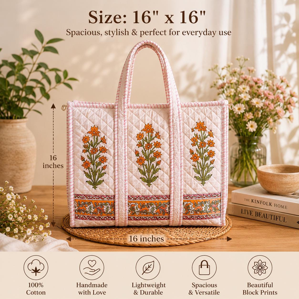 Block Print Tote Bag | Cotton Quilted, Eco Friendly Everyday Bag