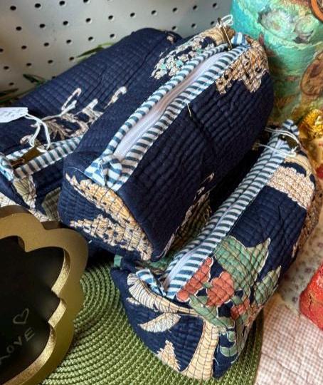 Quilted Makeup Bag Set: Hand Block Cotton Toiletry Kit