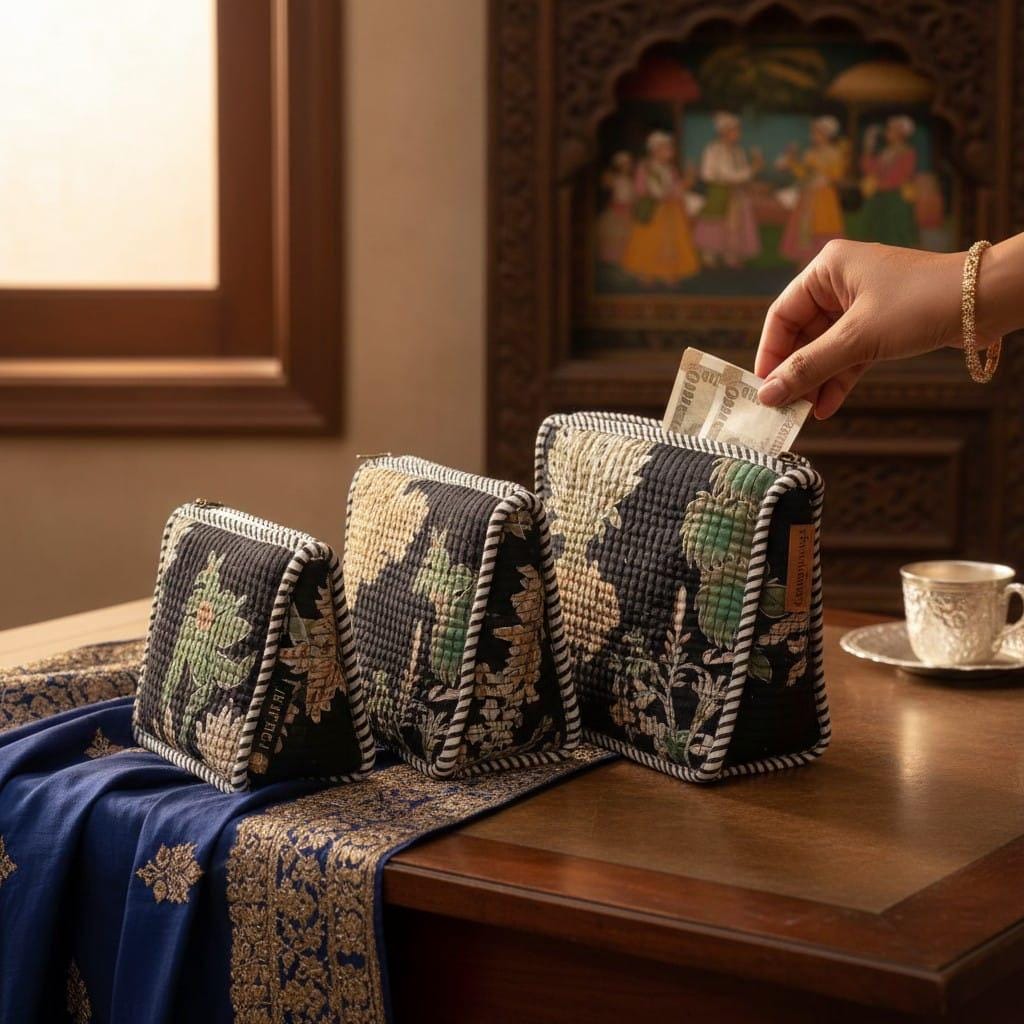 Quilted Makeup Bag Set: Hand Block Cotton Toiletry Kit