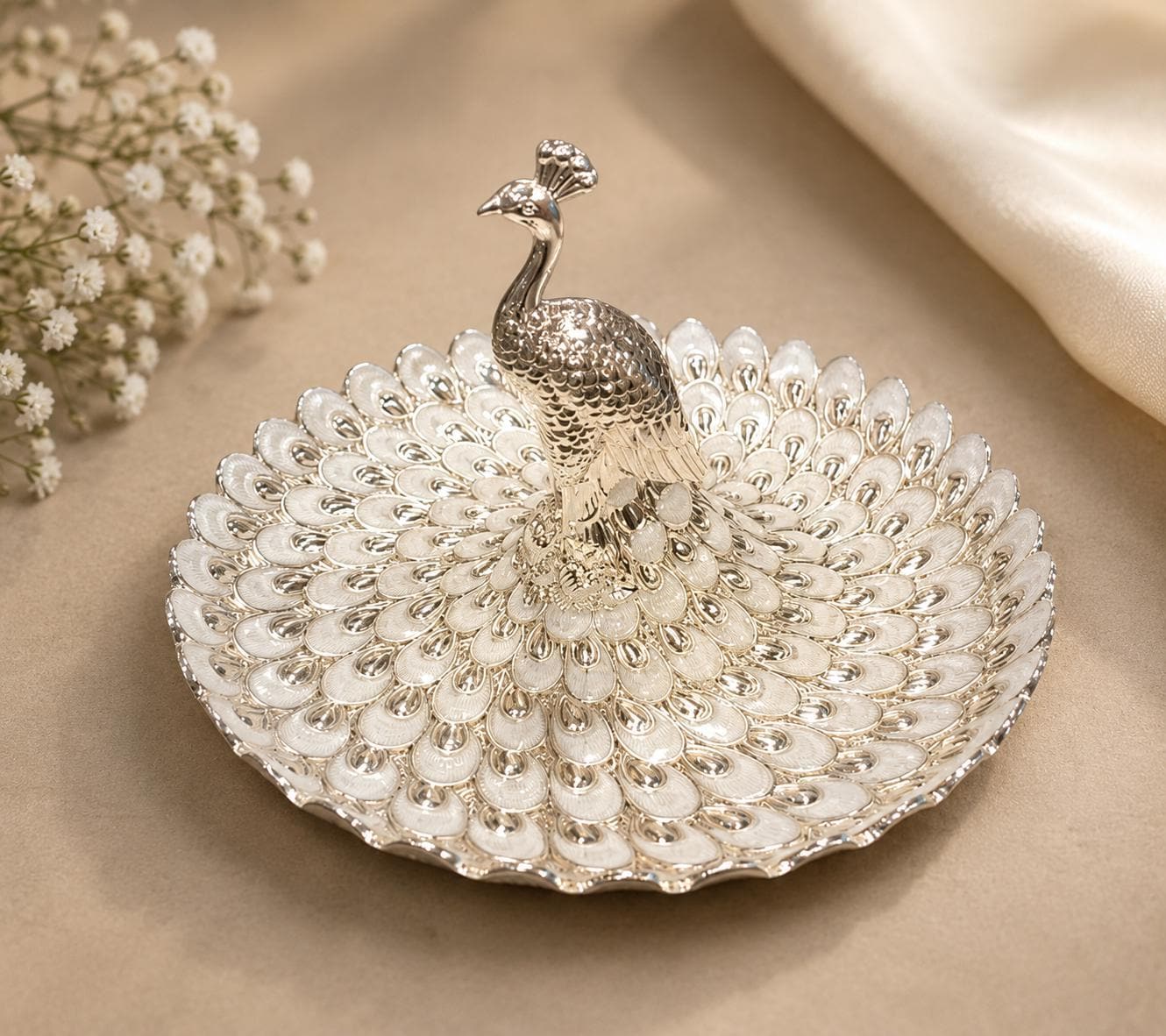 German Silver Peacock Jewelry Tray