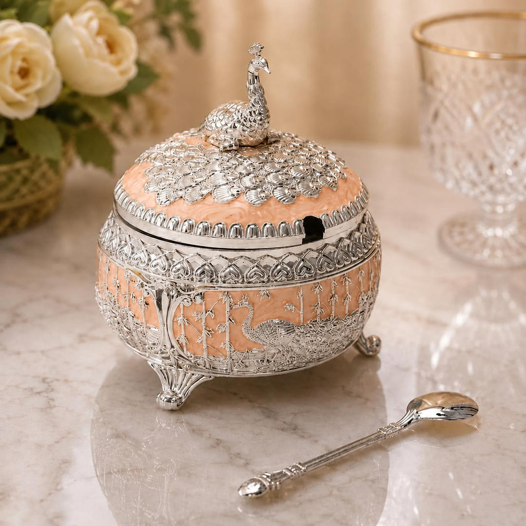 White Silver Peacock Decorative Bowl with Lid | Embossed Elephant Figurine Jewelry Box