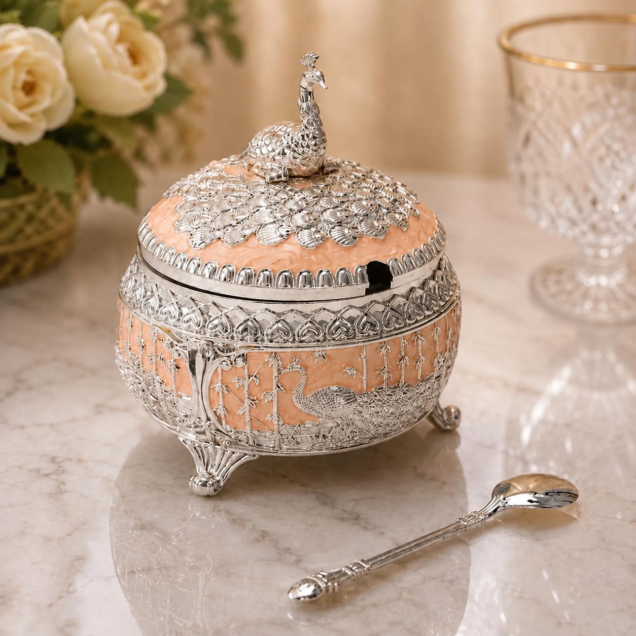 White Silver Peacock Decorative Bowl with Lid | Embossed Elephant Figurine Jewelry Box