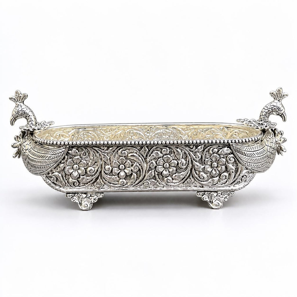 German Silver Peacock Serving Bowl: Oval Boat shape Centerpiece, Housewarming Gifts, Serving Platter