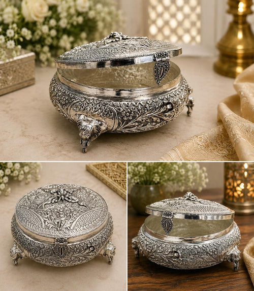 Antique German Silver Hand Engraved Storage Box | Mughal Art Jewelry Candy Jar