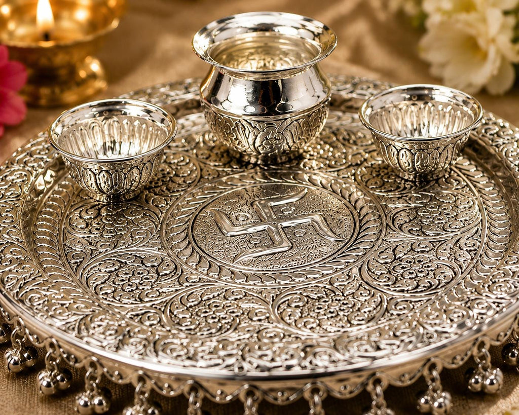 German Silver Pooja Thali Set with Ghungroo, Kalash, Kumkum Bowls    with Traditional Hindu Swastika (Auspicious Symbol)