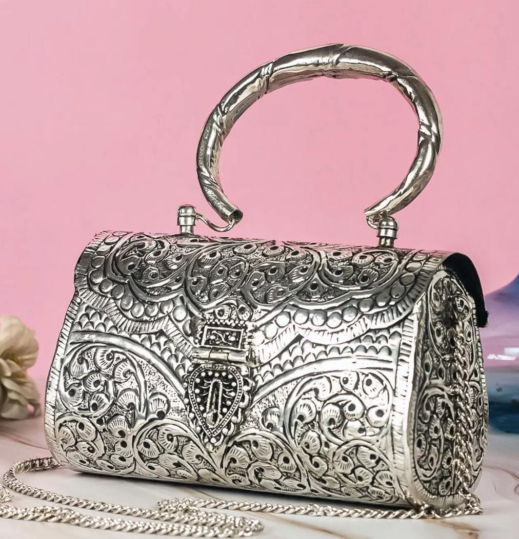 German Silver Embossed Clutch, Indian Ethnic Handbag with Chain Strap