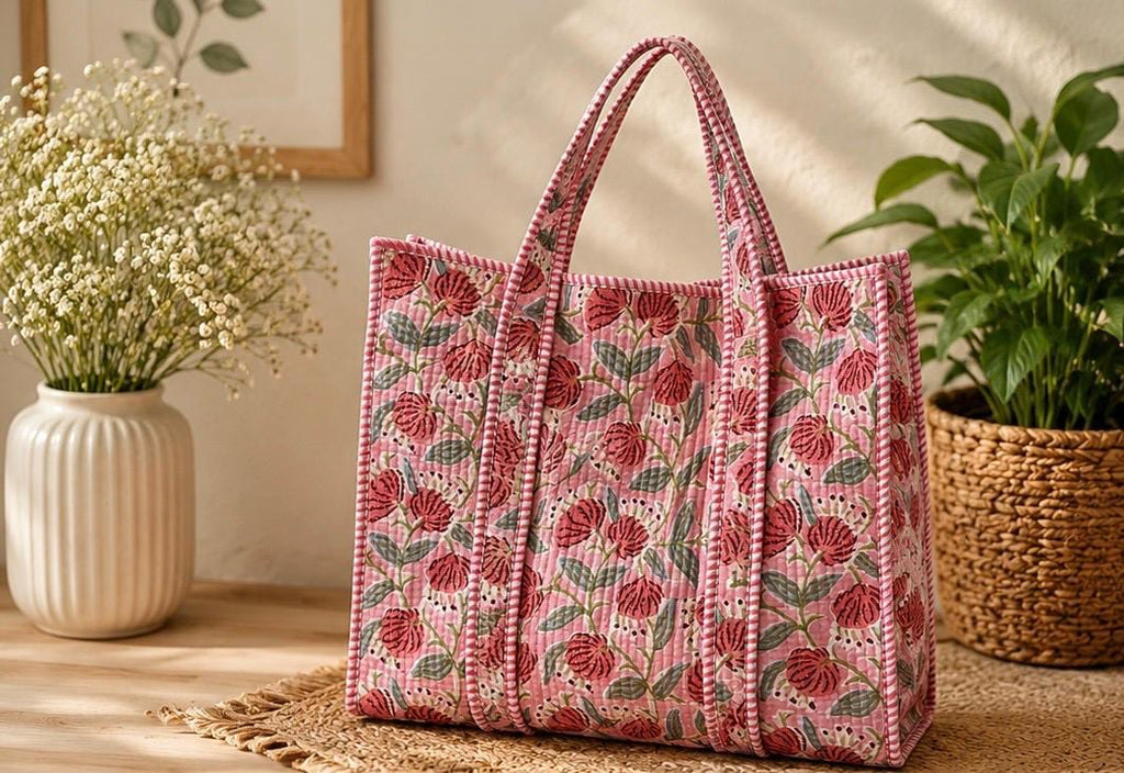 Quilted Cotton Tote Bag | Artisan Block Print Shopper, Eco Friendly Everyday Bag