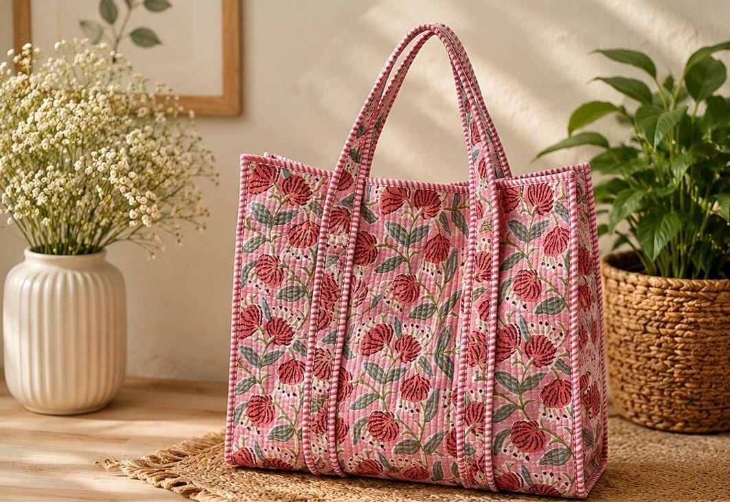 Quilted Cotton Tote Bag | Artisan Block Print Shopper, Eco Friendly Everyday Bag