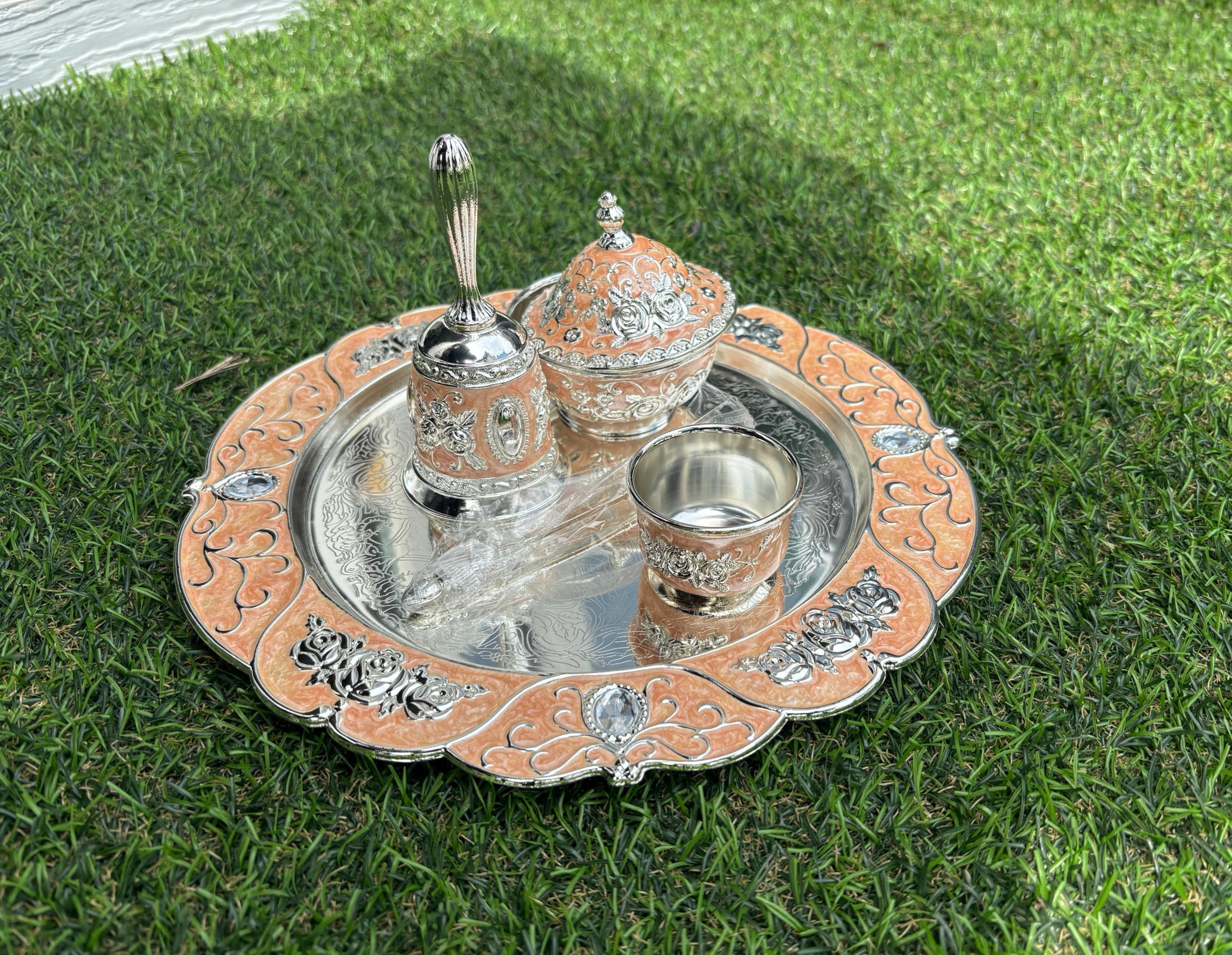German Silver Pooja Thali Set with Ghungroo, Kalash, Kumkum Bowls