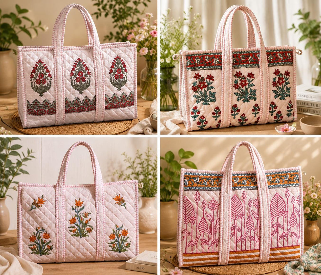 Block Print Tote Bag | Cotton Quilted, Eco Friendly Everyday Bag