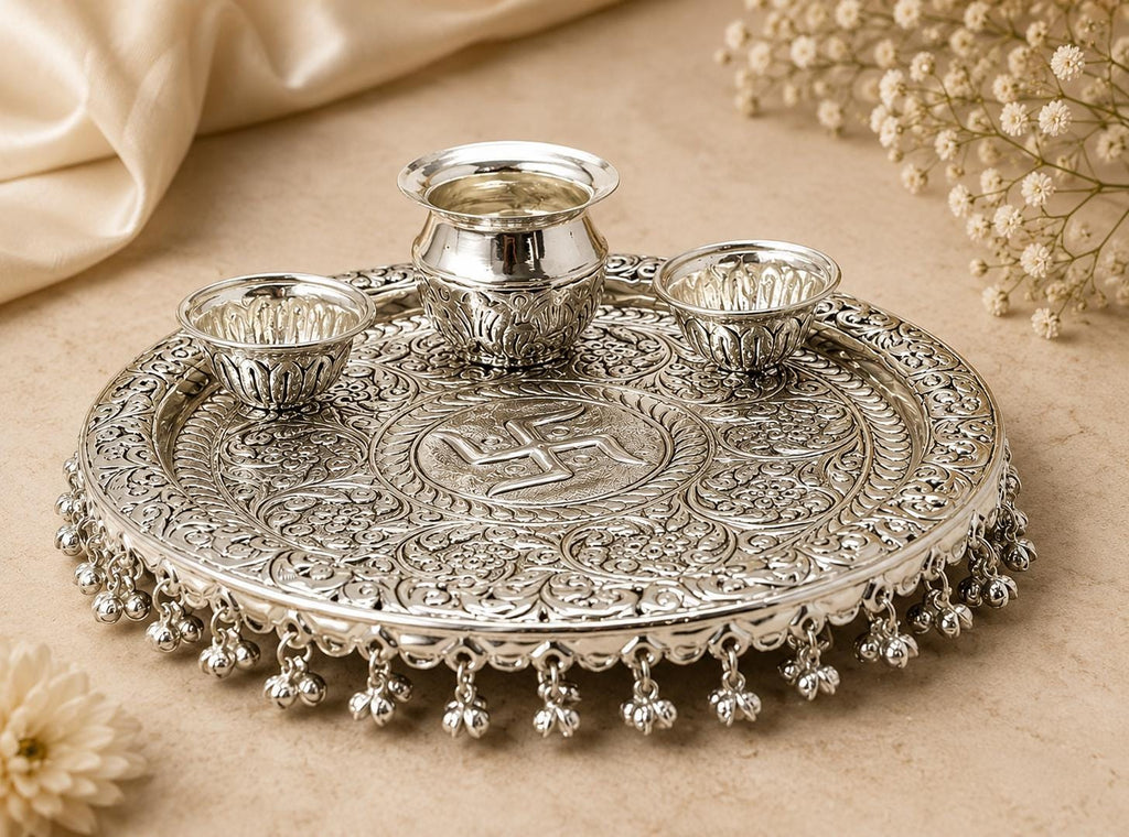 German Silver Pooja Thali Set with Ghungroo, Kalash, Kumkum Bowls    with Traditional Hindu Swastika (Auspicious Symbol)