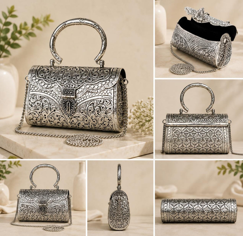 German Silver Embossed Clutch, Indian Ethnic Handbag with Chain Strap
