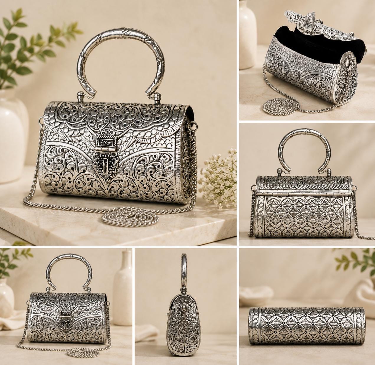 German Silver Embossed Clutch, Indian Ethnic Handbag with Chain Strap