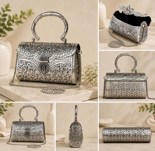 German Silver Embossed Clutch, Indian Ethnic Handbag with Chain Strap