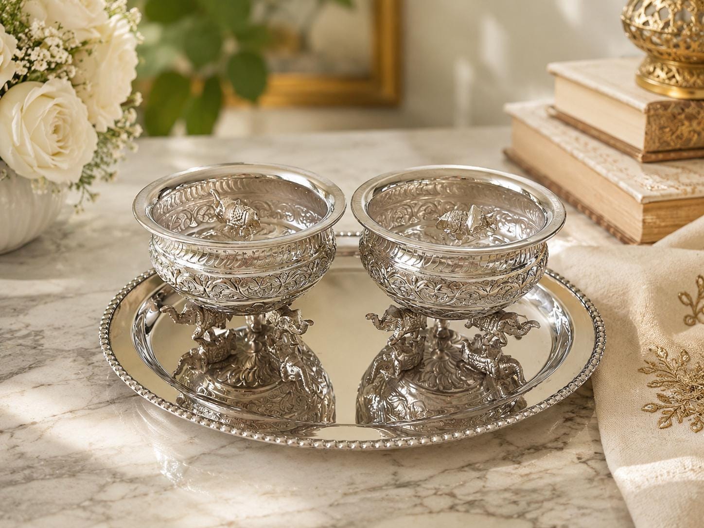 German Silver Elephant Bowl and Tray Set | Handcrafted Serving Dish with Velvet Box