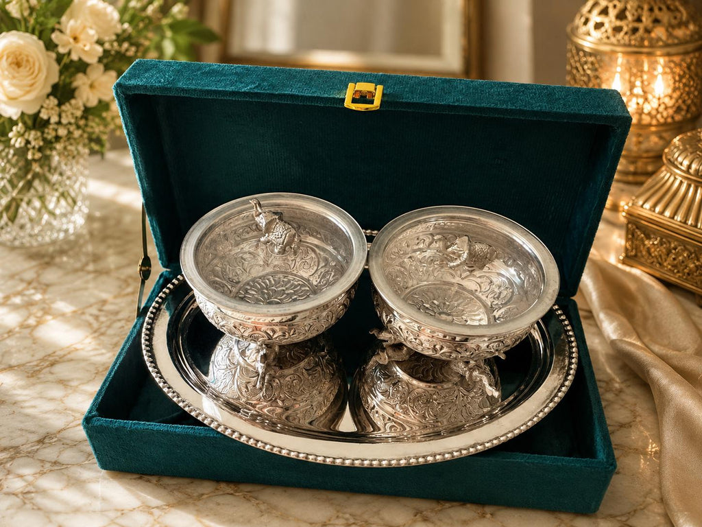 German Silver Elephant Bowl and Tray Set | Handcrafted Serving Dish with Velvet Box