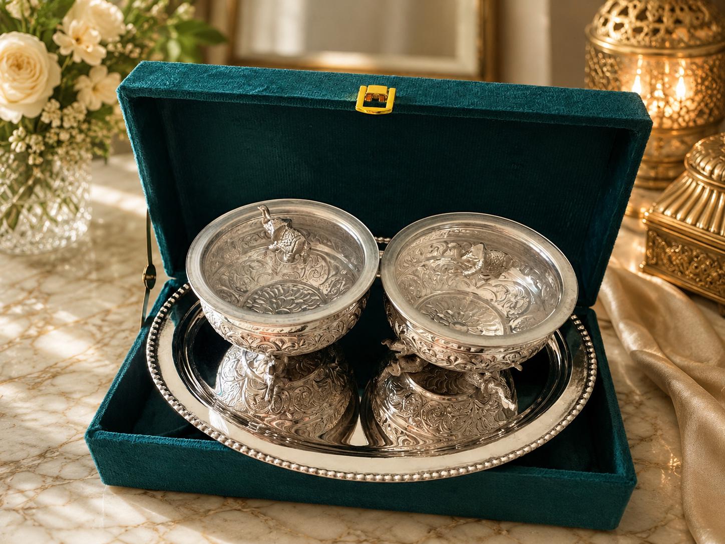 German Silver Elephant Bowl and Tray Set | Handcrafted Serving Dish with Velvet Box