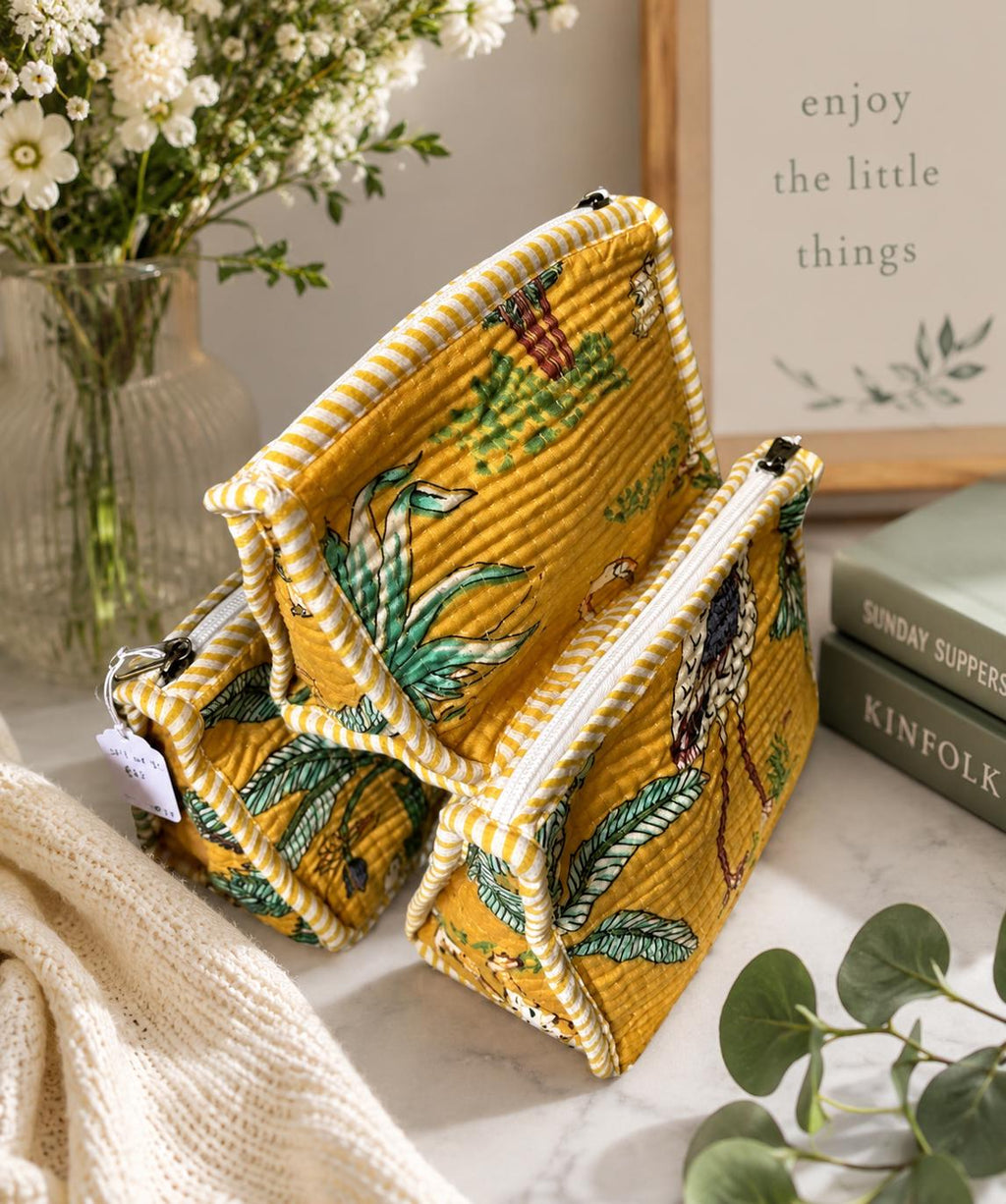 Quilted Makeup Bag Set: Hand Block Cotton Toiletry Kit