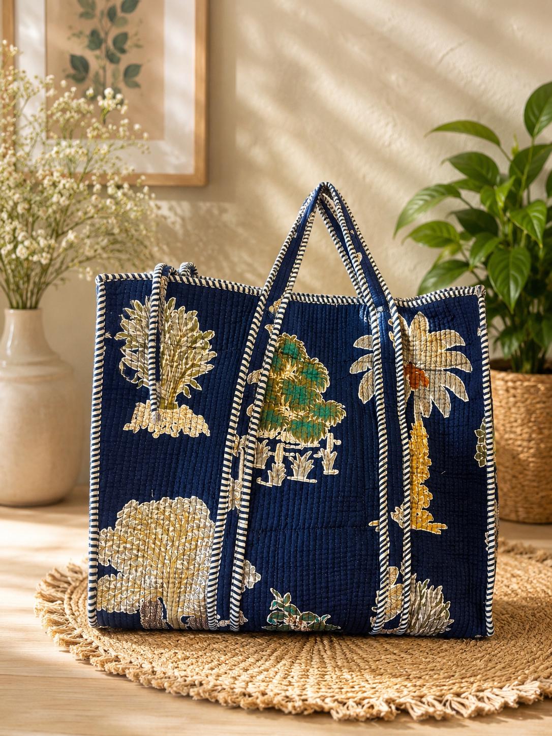 Quilted Cotton Tote Bag | Hand Block Print Shopper, Multicolor, 18x18 inches