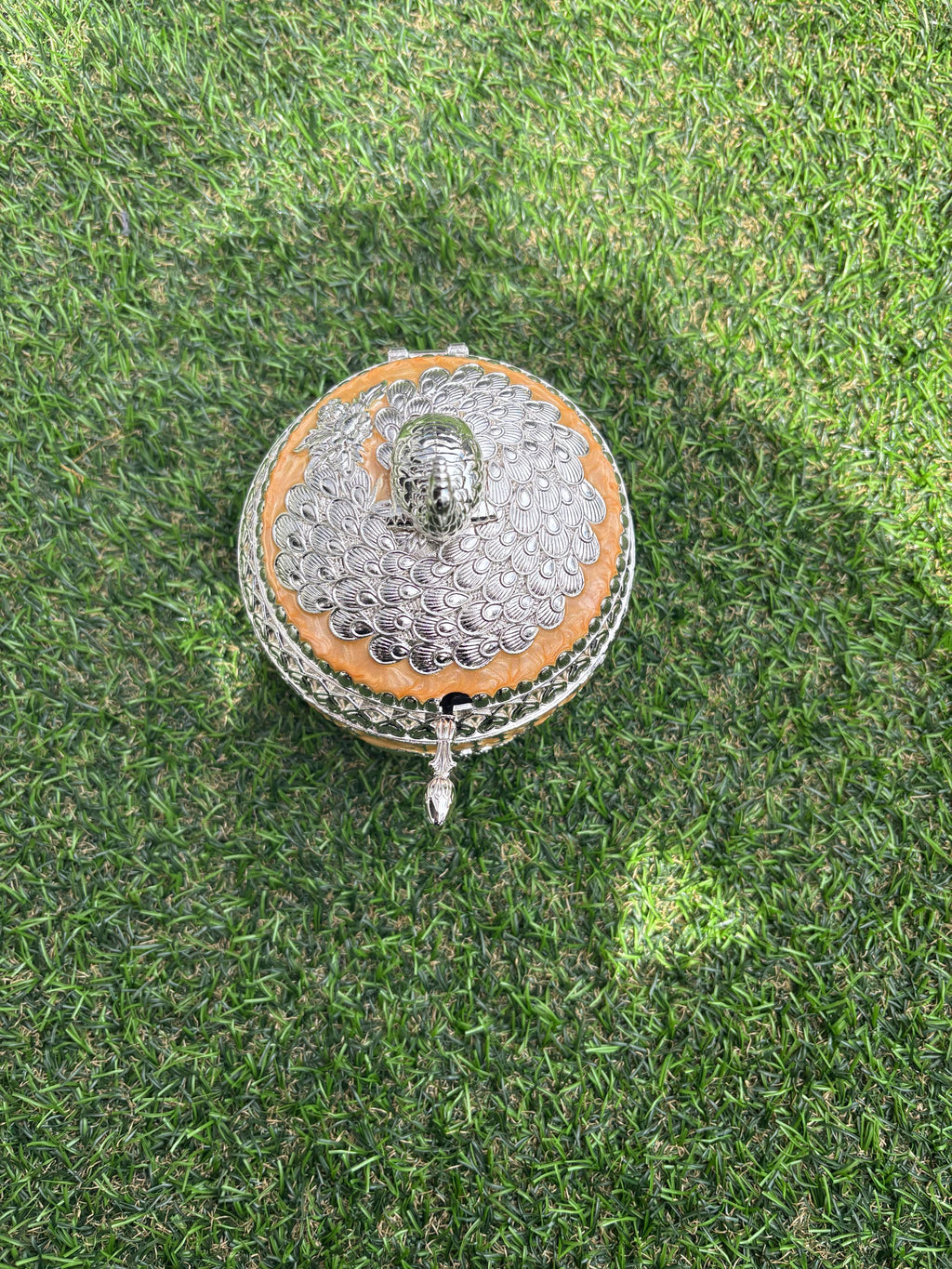 White Silver Peacock Decorative Bowl with Lid | Embossed Elephant Figurine Jewelry Box