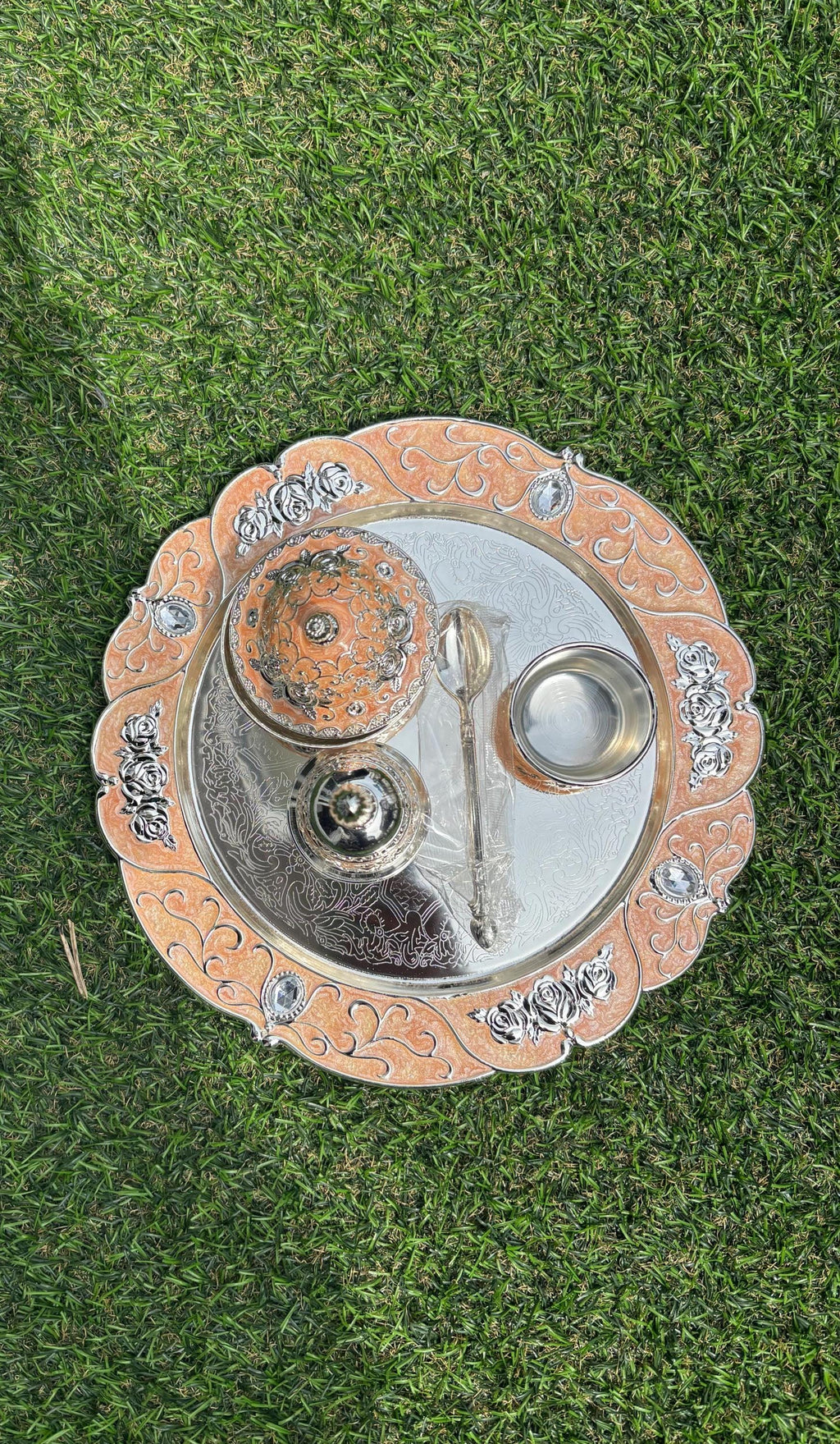 German Silver Pooja Thali Set with Ghungroo, Kalash, Kumkum Bowls