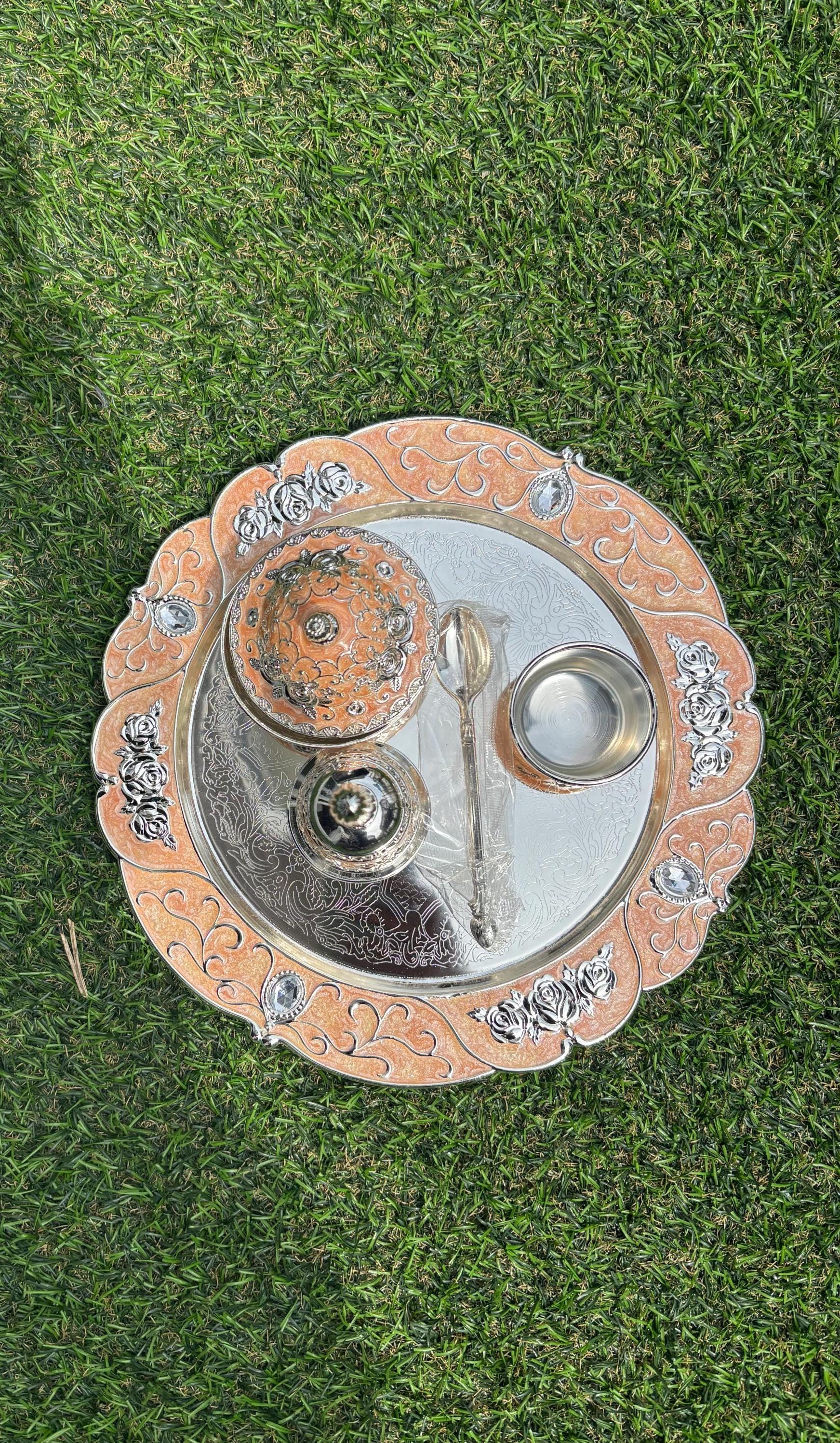 German Silver Pooja Thali Set with Ghungroo, Kalash, Kumkum Bowls