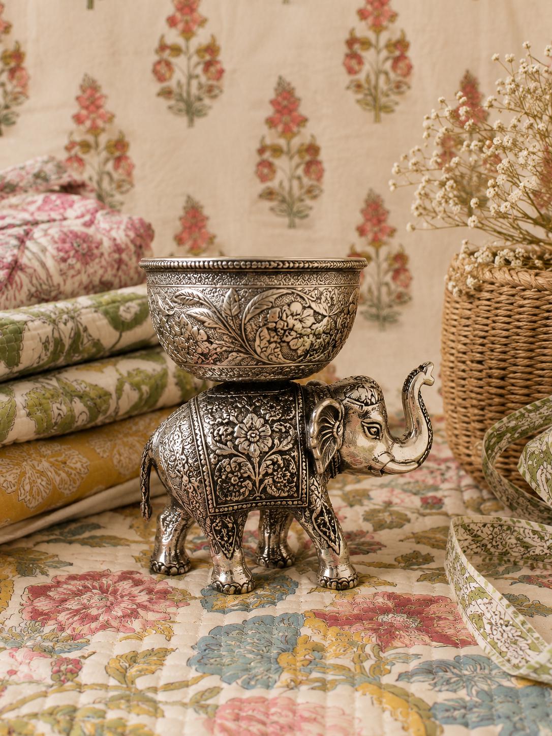 German Silver Elephant Urli Bowl | Handcrafted Embossed Indian Home Decor