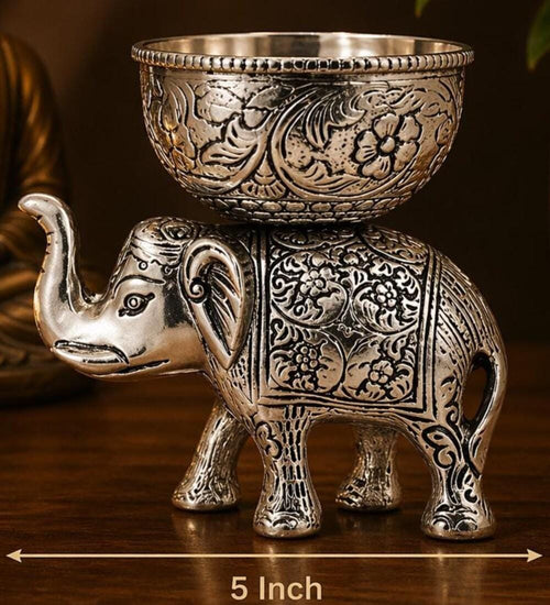 German Silver Elephant Urli Bowl | Handcrafted Embossed Indian Home Decor