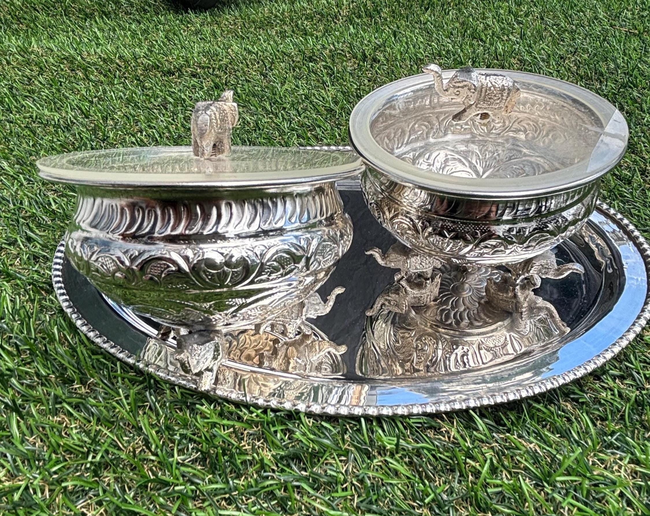 German Silver Elephant Bowl and Tray Set | Handcrafted Serving Dish with Velvet Box