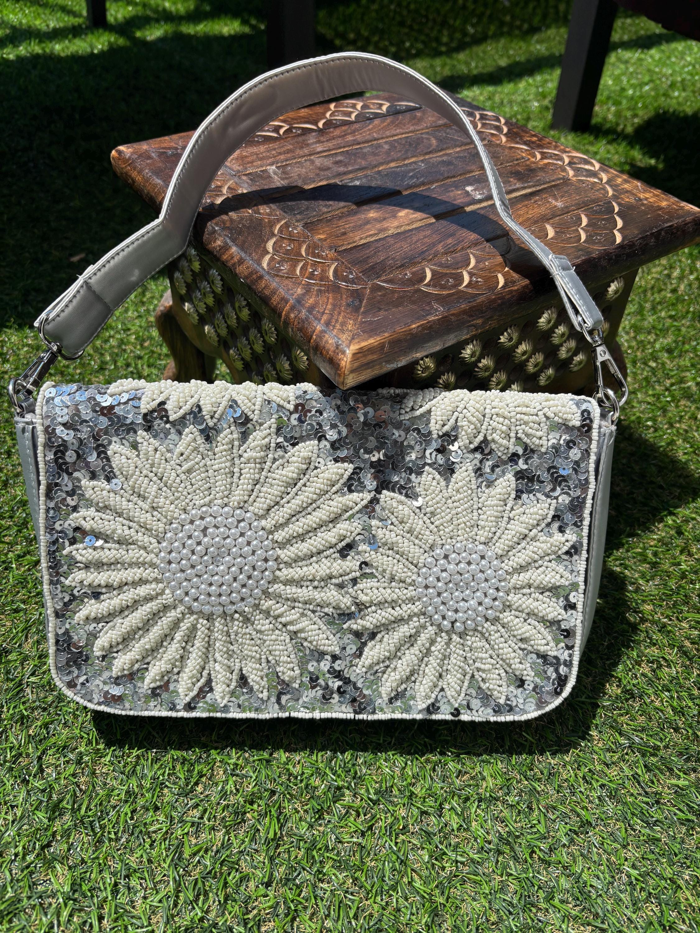 Silver Sequin Sling Bag | Handmade Beaded Evening Clutch | Detachable Chain Purse | Wedding & Bridesmaid Gift