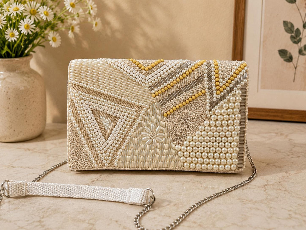 Handcrafted Beaded Clutch | Neutral Evening Purse | Custom Mosaic Beaded | Wedding & Party Handbag