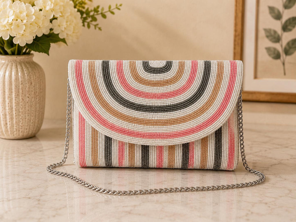 Handcrafted Beaded Clutch | Neutral Evening Purse | Custom Mosaic Beaded | Wedding & Party Handbag