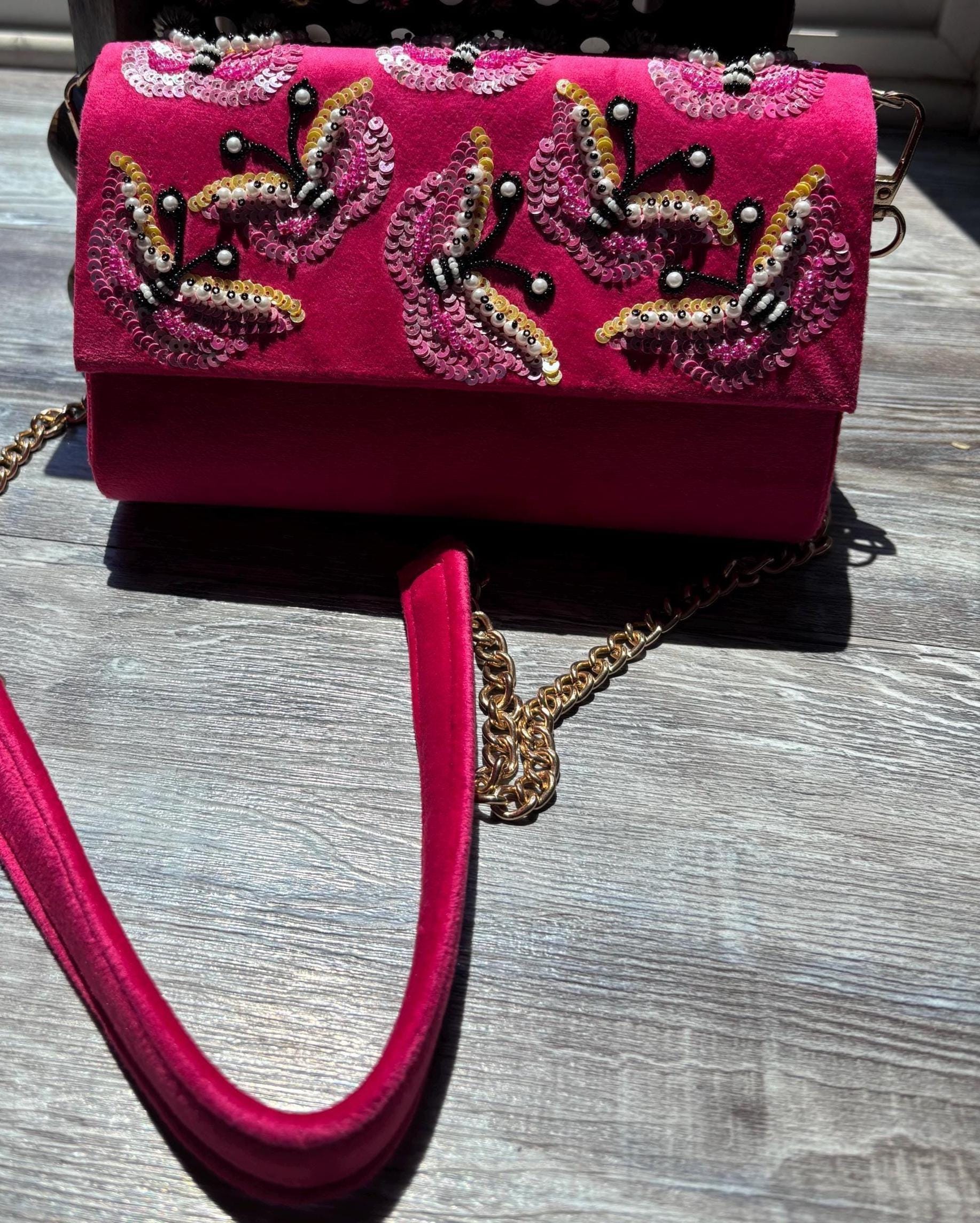 Pink Velvet Sequin Sling Bag | Handmade Sequin Beaded Evening Clutch | Detachable Chain Purse | Wedding & Bridesmaid Gift