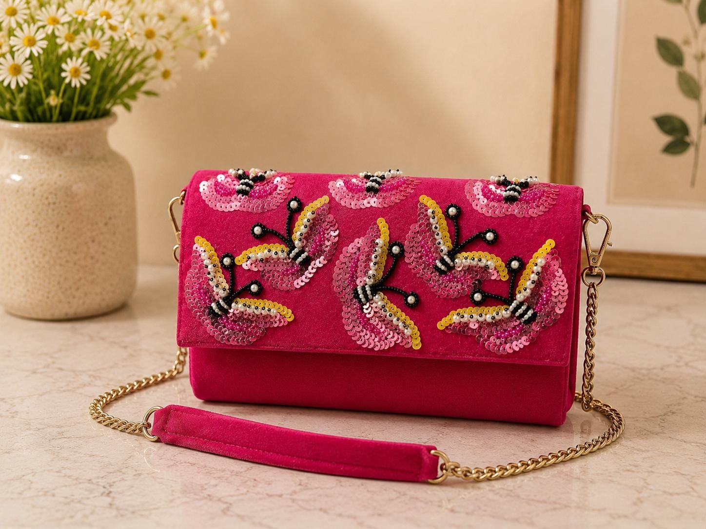 Pink Velvet Sequin Sling Bag | Handmade Sequin Beaded Evening Clutch | Detachable Chain Purse | Wedding & Bridesmaid Gift