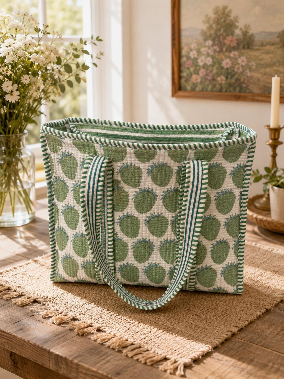 Quilted Cotton Tote Bag | Artisan Block Print Shopper, Eco Friendly Everyday Bag (16x16)