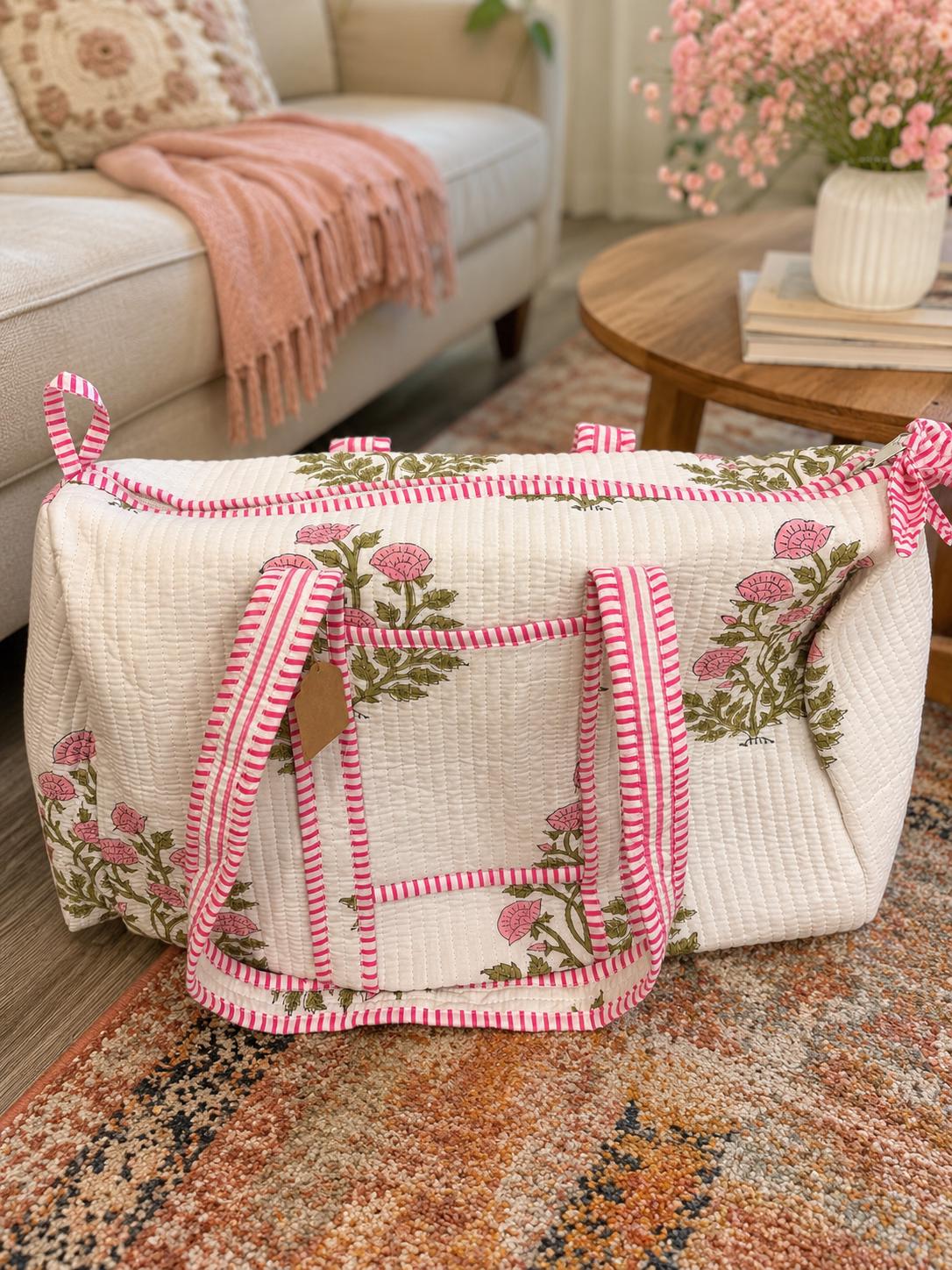 Quilted Cotton Duffle Bag , Handmade Quilted Travel Bag, Block Print Standard Size, Boho Shopping Bag For Woman