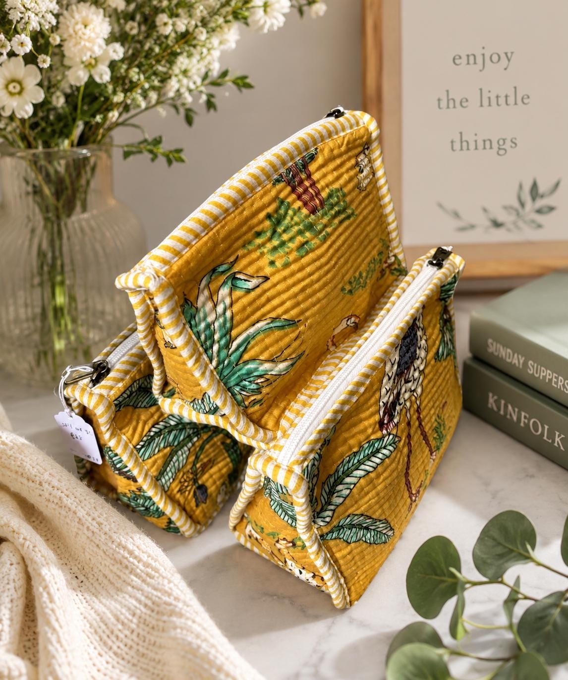 Quilted Makeup Bag Set: Hand Block Cotton Toiletry Kit