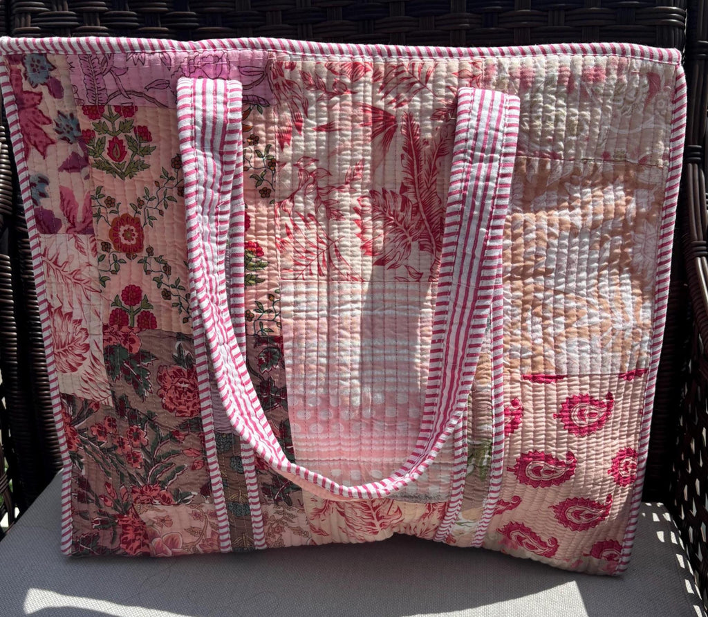 Quilted Cotton Tote Bag | Hand Block Print Shopper, Multicolor, 18x18 inches