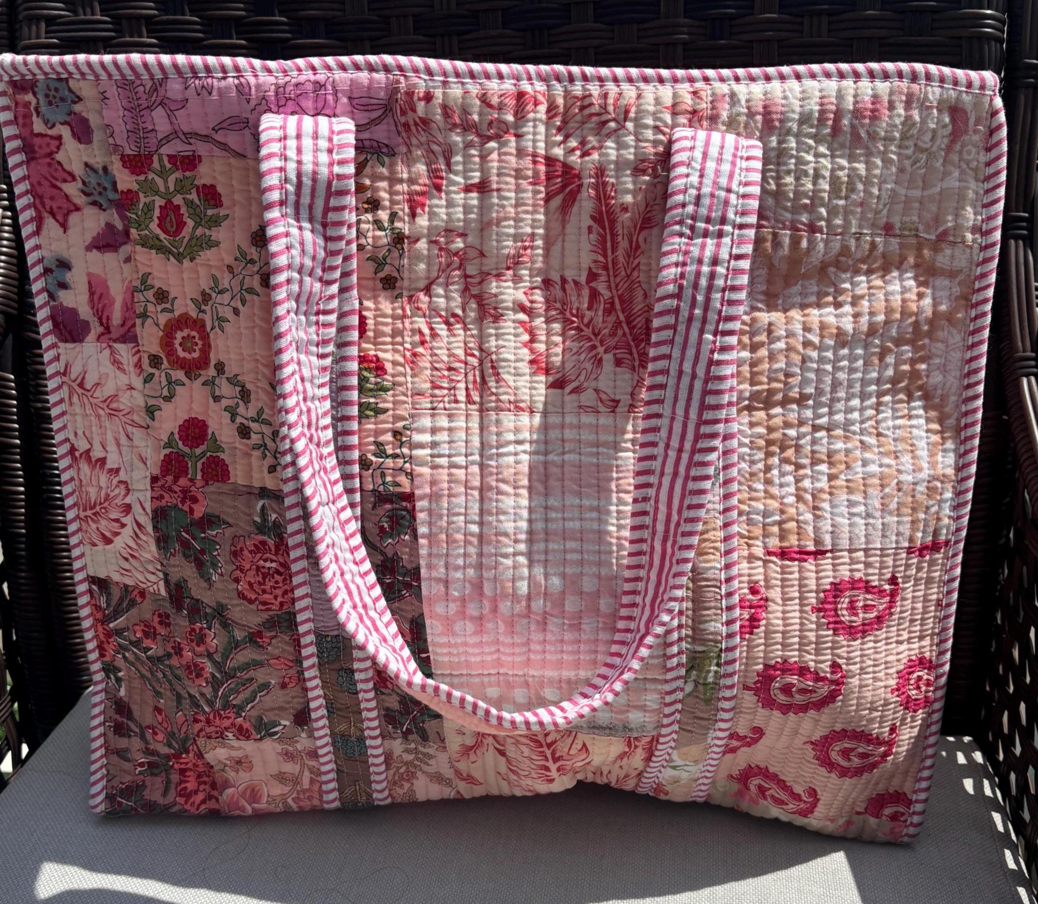 Quilted Cotton Tote Bag | Hand Block Print Shopper, Multicolor, 18x18 inches