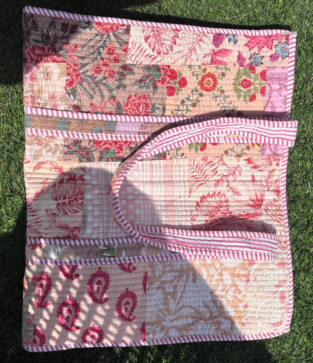 Quilted Cotton Tote Bag | Hand Block Print Shopper, Multicolor, 18x18 inches